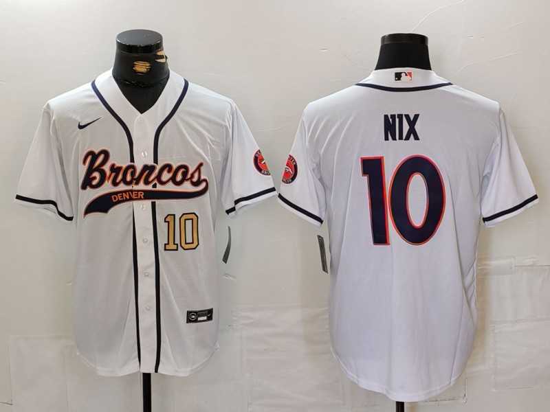 Mens Denver Broncos #10 Bo Nix Number White Cool Base Stitched Baseball Jersey